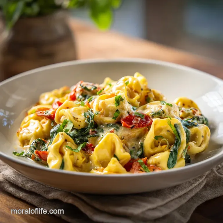 Elegant plate featuring a nest of cheese tortellini, with a creamy sauce, dotted with colorful roasted veggies and fresh h...