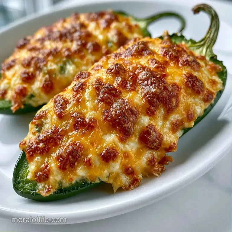 Golden-brown stuffed peppers arranged on a white ceramic platter with a side of cool, creamy dipping sauce.