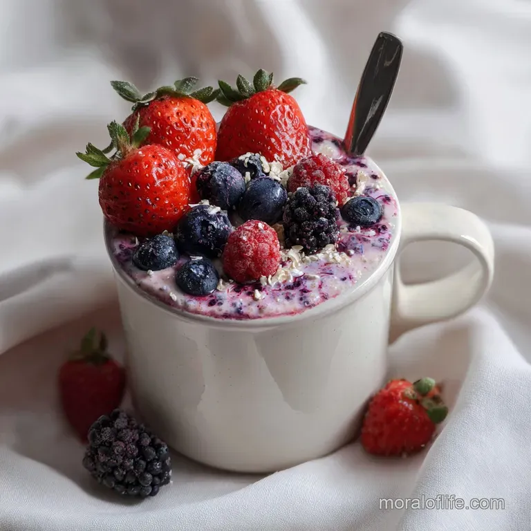 Berry oats layered in a glass, showcasing plump berries and creamy oats. Mint sprig adds a touch of freshness and visual a...