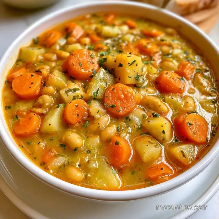 A rustic white bowl of colorful vegetable stew garnished with fresh parsley on a wooden table with a linen napkin.