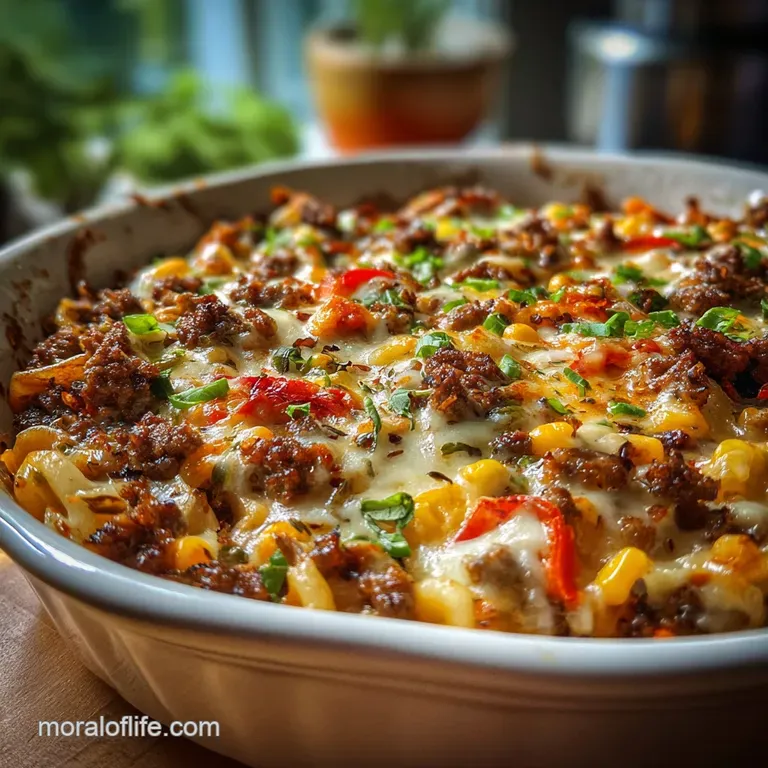 A single serving of savory hobo casserole, showcasing the layered potatoes, seasoned beef, and a bubbly, golden-brown chee...