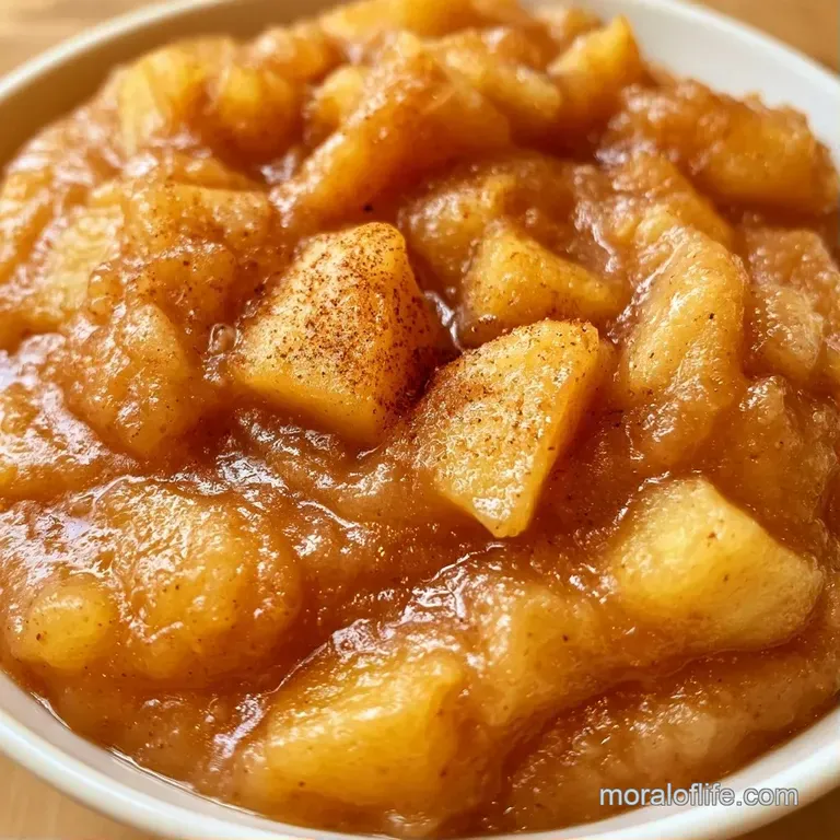A small ceramic bowl of pale gold fruit puree topped with a cinnamon stick and a slice of fresh apple on a linen cloth.