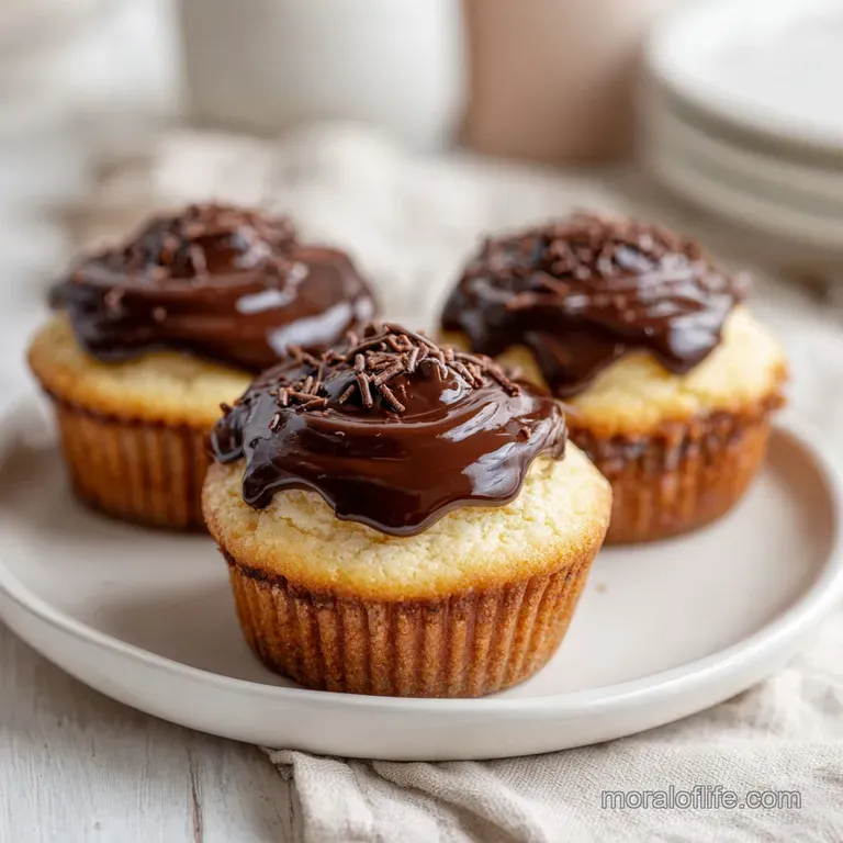 A trio of Boston cream cupcakes, dusted with powdered sugar, presented on a white ceramic plate.