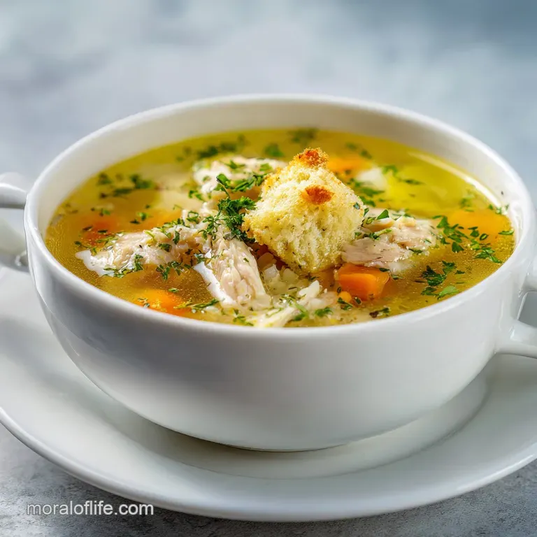 A steaming bowl of chicken and stars soup with a sprinkle of fresh parsley, showing the colorful broth and tender chicken.
