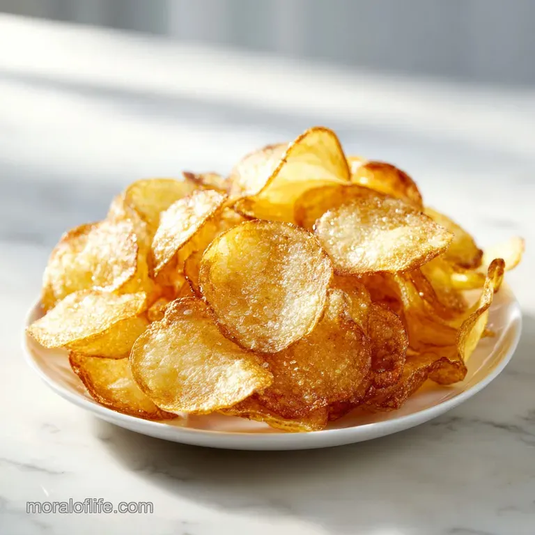 Crispy golden potato chips fanned out on a rustic wooden board, dusted with fine sea salt.