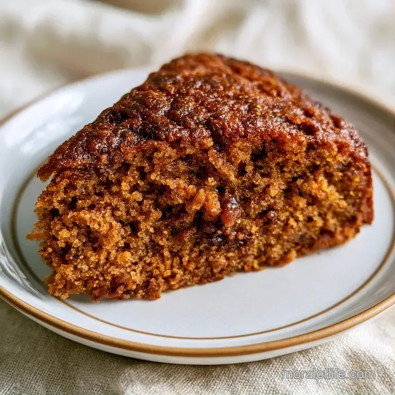 A slice of spiced golden cake dusted with powdered sugar, paired with a swirl of cream on a matte gray plate.
