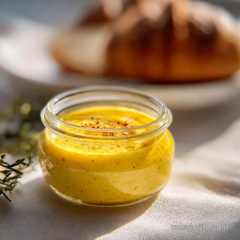 Small glass bowl of vibrant yellow mustard with a tiny spoon, sitting next to greens & toasted bread, ready for tasting.