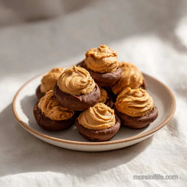 A single, perfectly formed buckeye ball on a white dessert plate, glistening with dark chocolate.