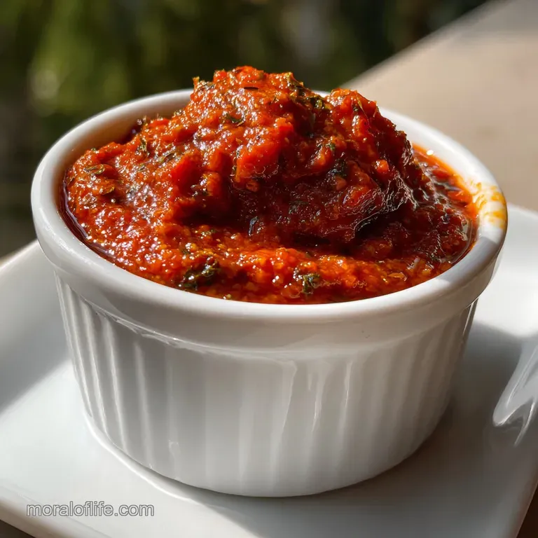 Elegant smear of deep red pepper paste on a rustic wooden board, garnished with a sprig of fresh herbs and a drizzle of ol...