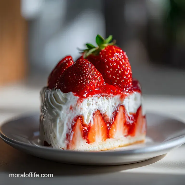 A moist slice of strawberry cake, revealing fluffy pink crumb, drizzled with ruby-red strawberry reduction.