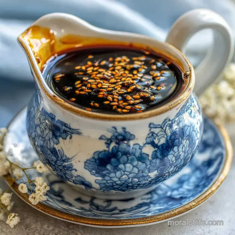 Small bowl of inky-black Worcestershire sauce, its deep color contrasting against a bright white ceramic dish.