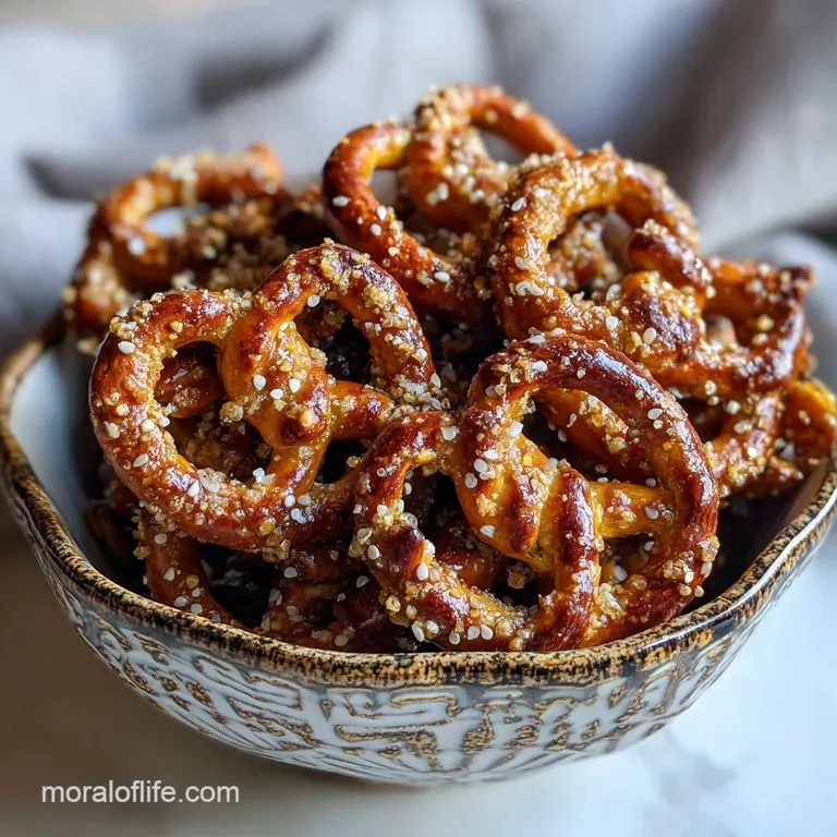 Arrangement of honey mustard pretzels in a rustic wooden bowl, beside a small dish of dipping sauce. Coated in grainy must...
