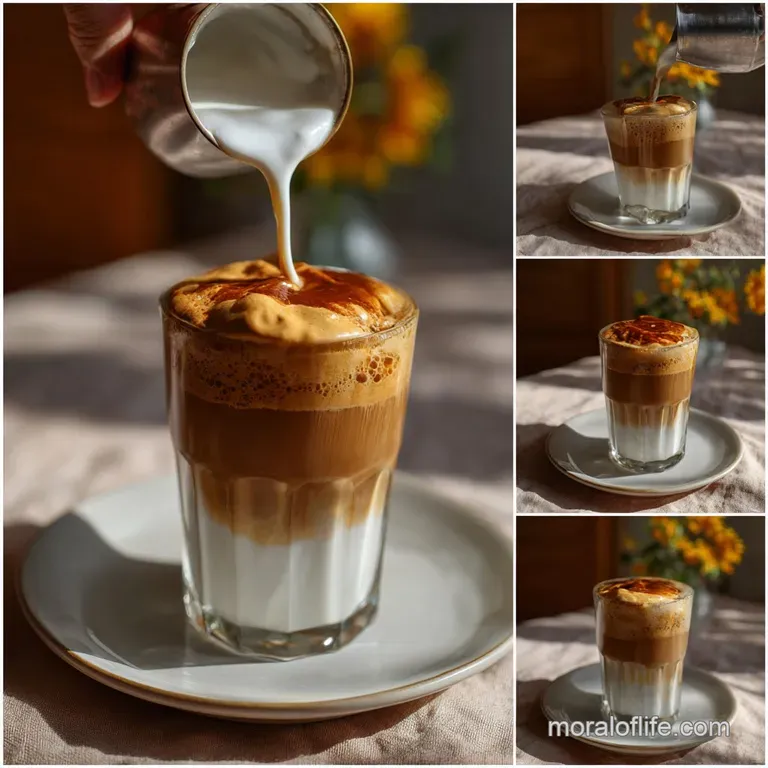 A tall glass displaying layered gradients, the rich coffee foam floating above cold milk with ice cubes. A sophisticated a...