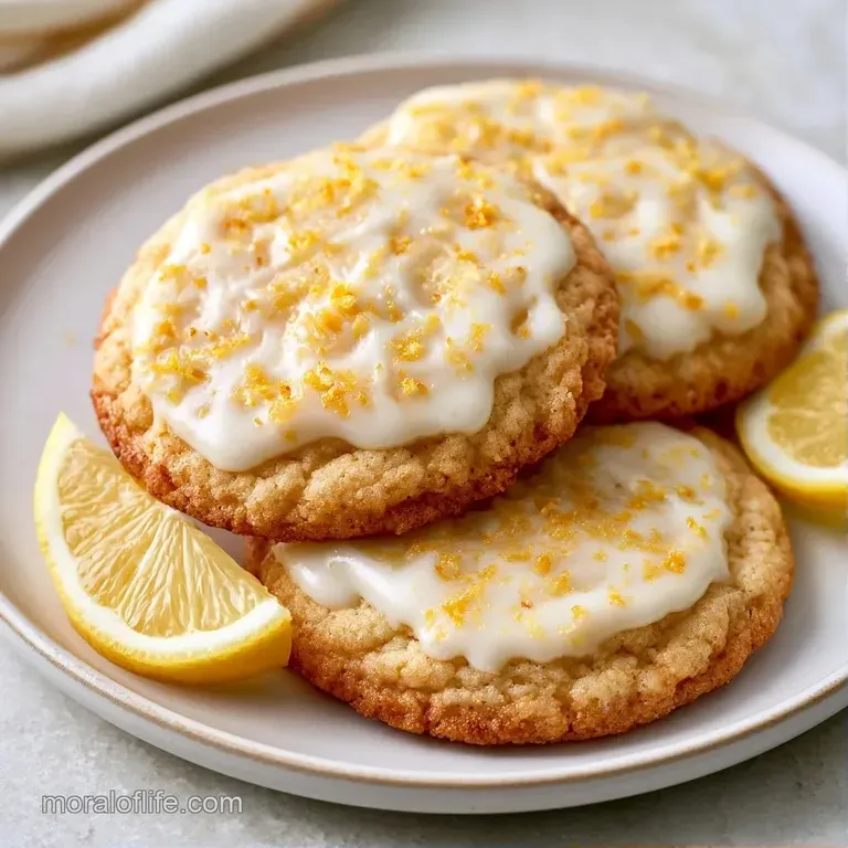 A neat stack of pale yellow cookies drizzled with white icing on a ceramic plate beside a fresh lemon slice.