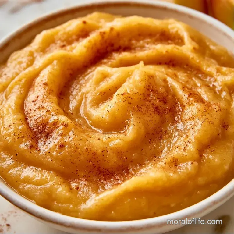Pale gold fruit puree served in a glass ramekin beside a rustic linen napkin and a cinnamon stick garnish.