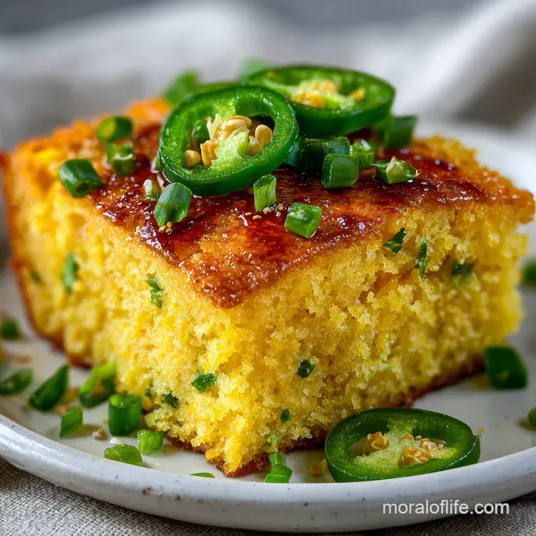 A wedge of crumbly cornbread with jalape&ntilde;os, showcasing its moist interior and golden crust on a white plate with a clean ...