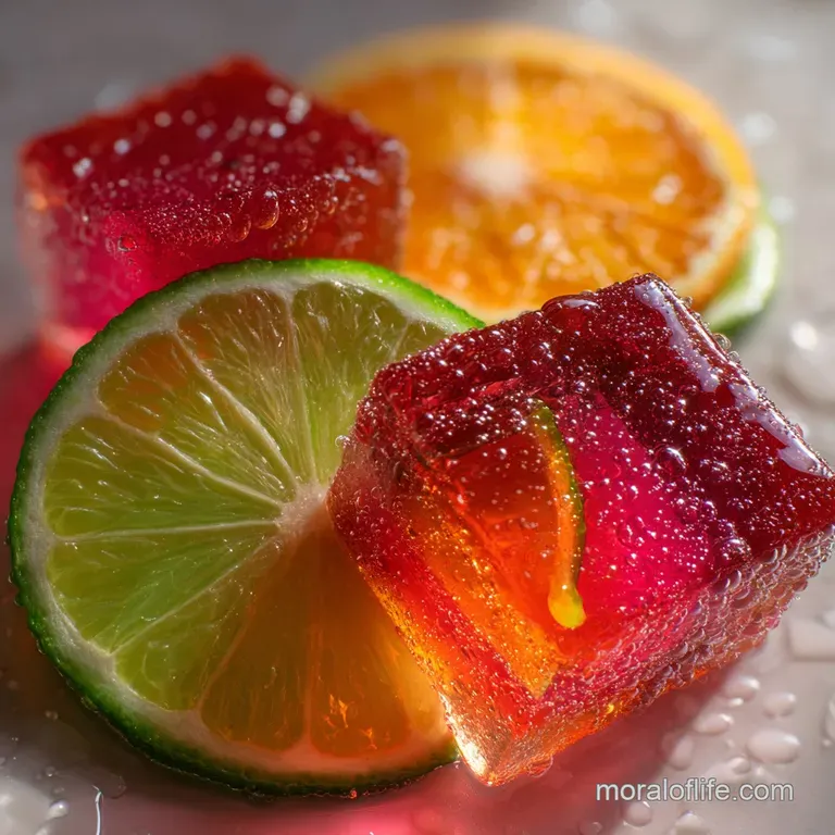 Festive Jolly Rancher cocktail, ice cubes swirling within. Garnished with colorful straws and a lime wedge, elegantly pres...