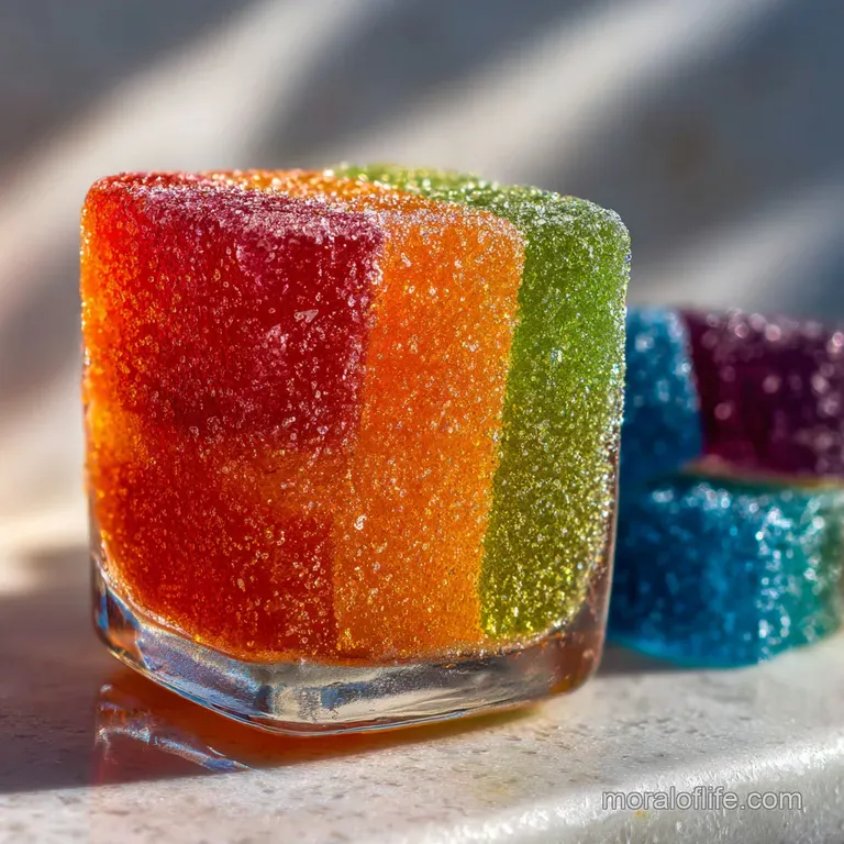 Five petite shot glasses in a neat row, each with a different vibrant hue, evoke pure candy flavors and playful party energy.