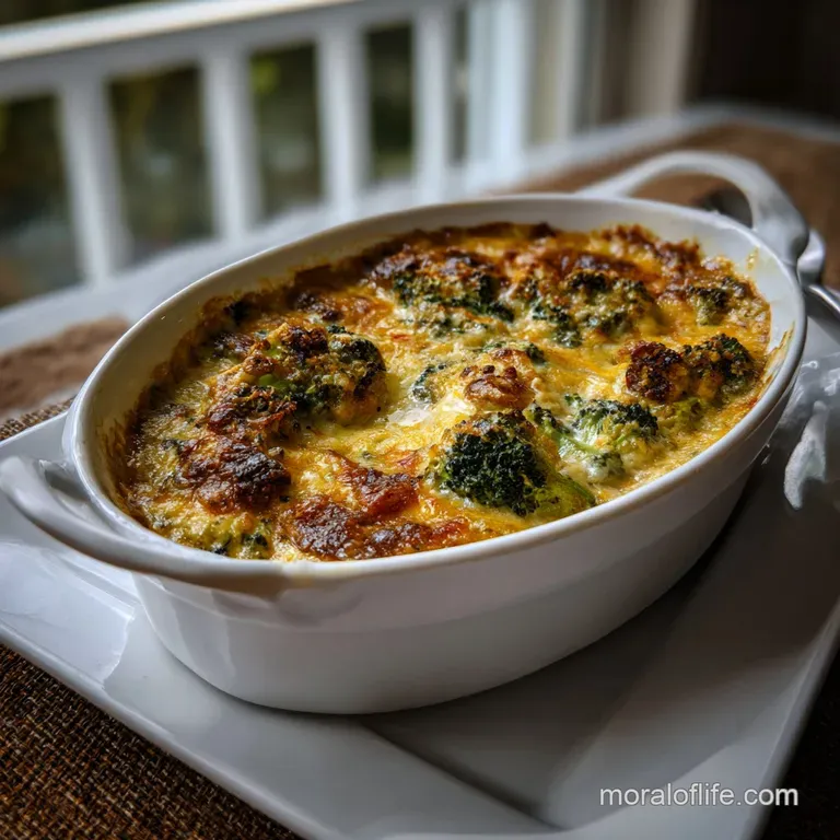 Portion of cheesy broccoli casserole on a plate. Steaming, creamy, and studded with bright green florets. Ready to eat.