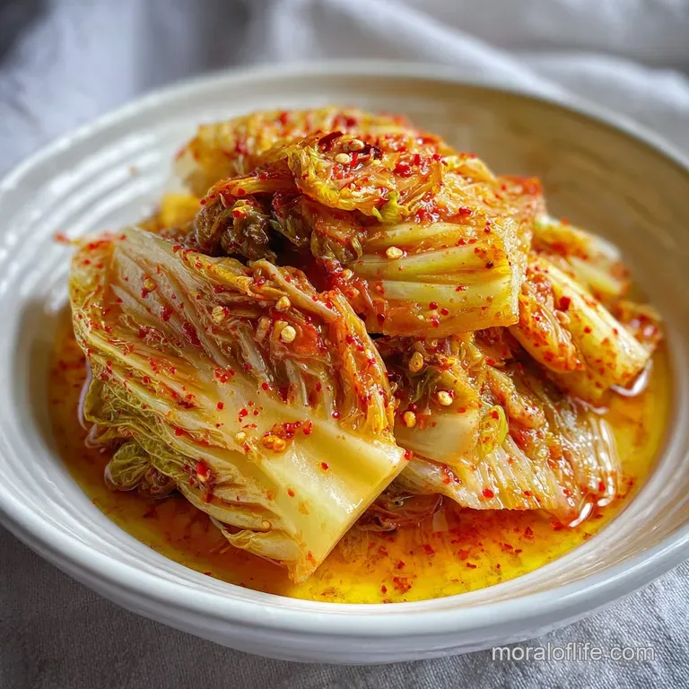 Neatly arranged kimchi in a small white dish. Fermented cabbage glistens with chili flakes and hints of fresh scallions.