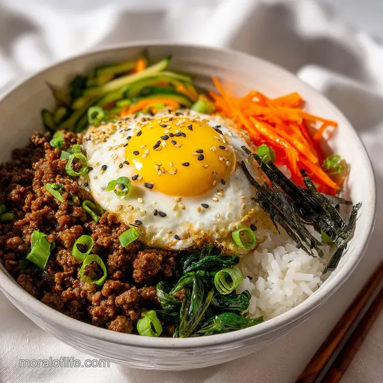Korean ground beef bowl artfully arranged. The glossy egg yolk spills over the savory beef and crisp, colorful vegetables.