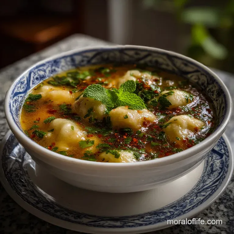 Artfully arranged kubbeh in a shallow bowl, showcasing the richness of the citrus-infused broth and fresh herb garnish.
