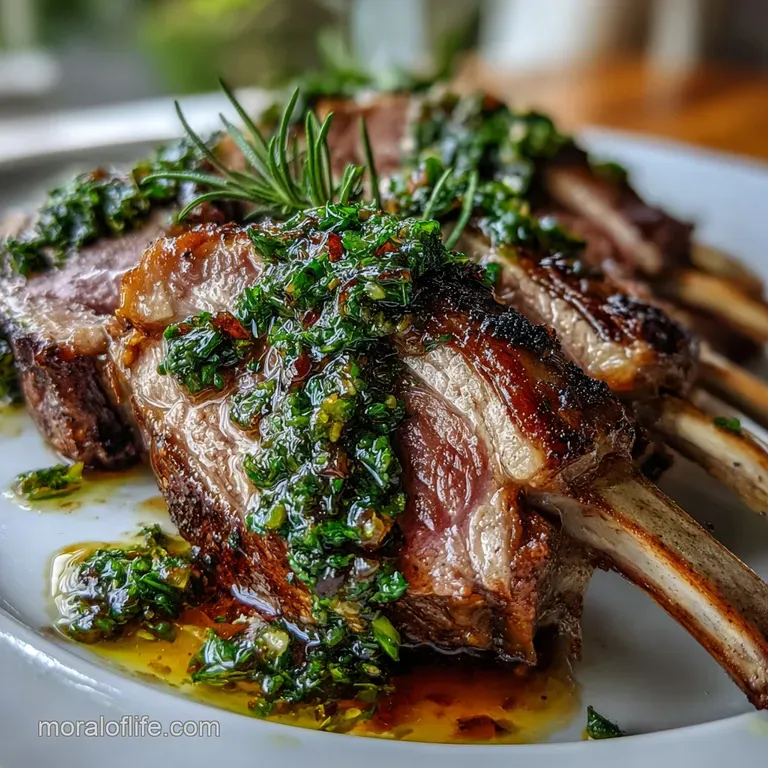 Slices of tender lamb drizzled with emerald mint jelly, atop golden potatoes, arranged artfully on a white plate.