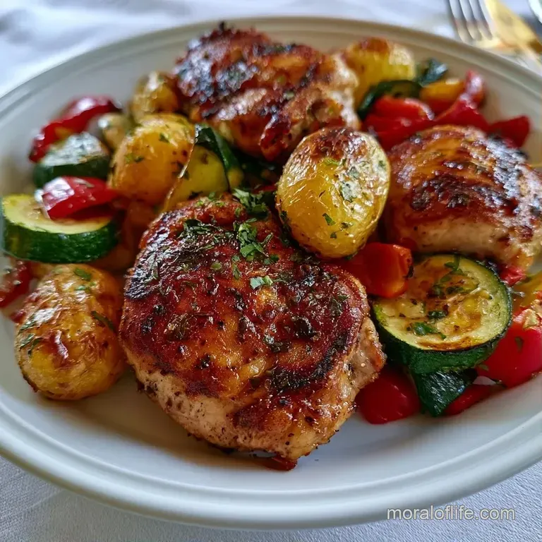 Bright summer vegetables and seared protein arranged neatly on white porcelain plates with a drizzle of herb oil.