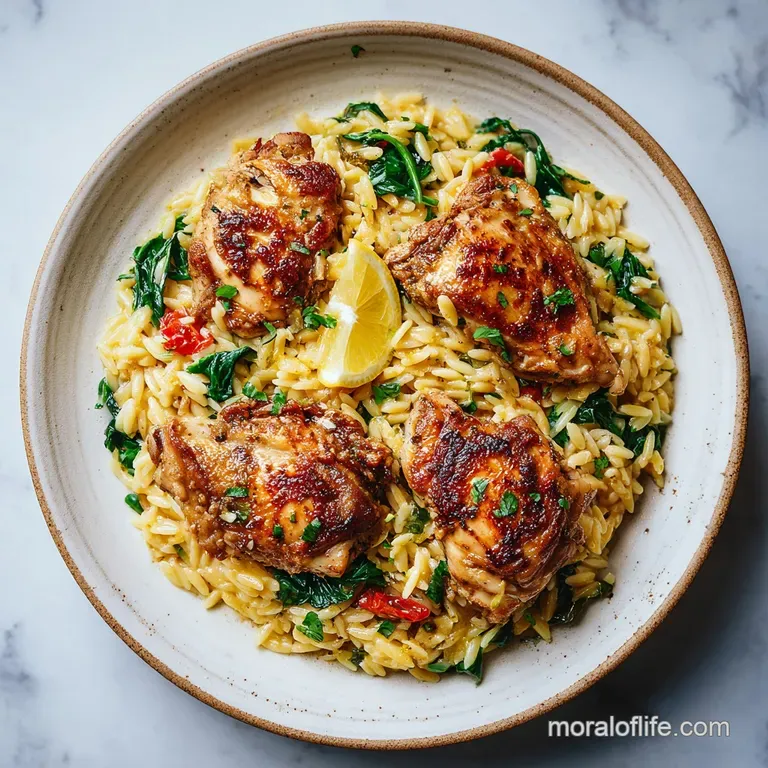 Elegant plate of lemon chicken orzo. Tender chicken pieces sit atop the pasta, sprinkled with fresh herbs and lemon slices.