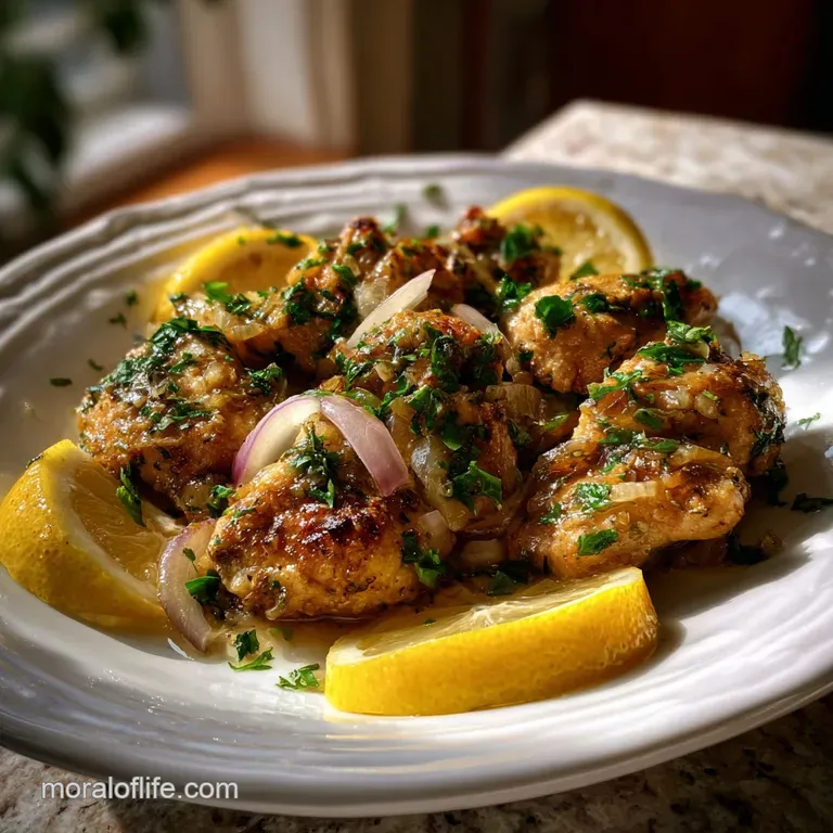 Tender chicken breast, glistening with lemon-garlic glaze, artfully arranged with asparagus spears on a white ceramic plate.