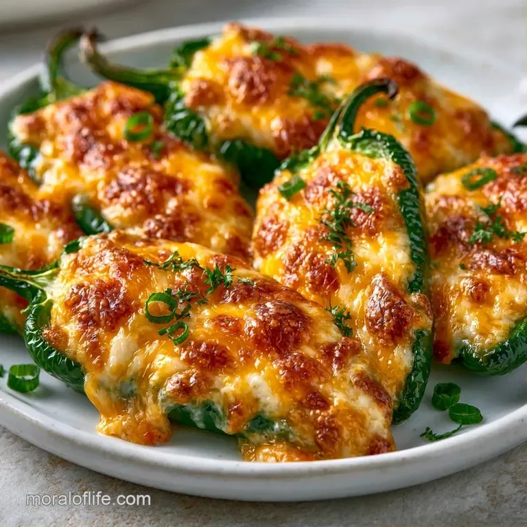 Sliced green chili peppers stuffed with bubbling white cheese, arranged neatly with a sprig of fresh cilantro.