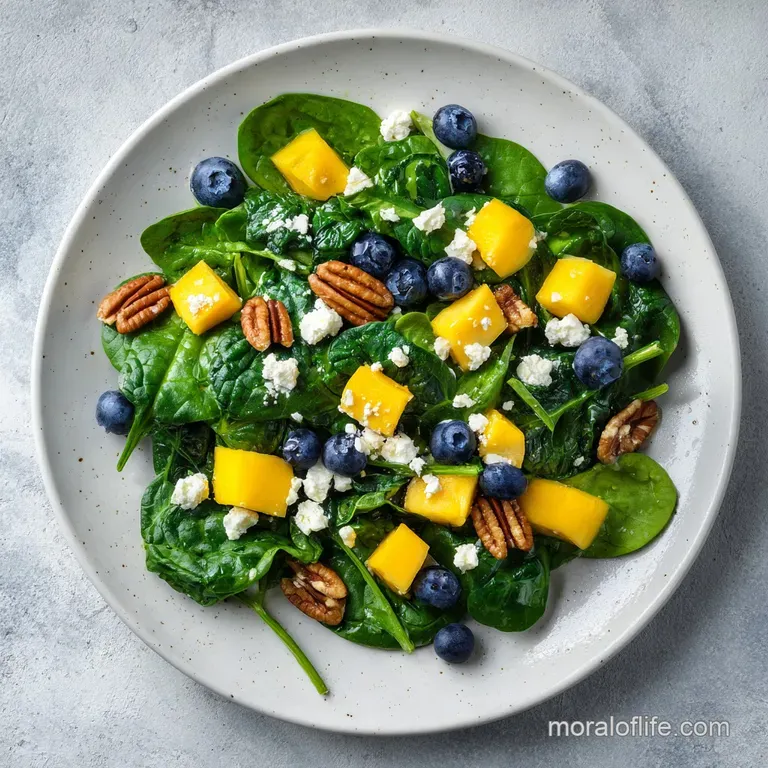 An elegant arrangement of yellow mango cubes, plump blueberries, and white feta on a bed of deep green spinach.