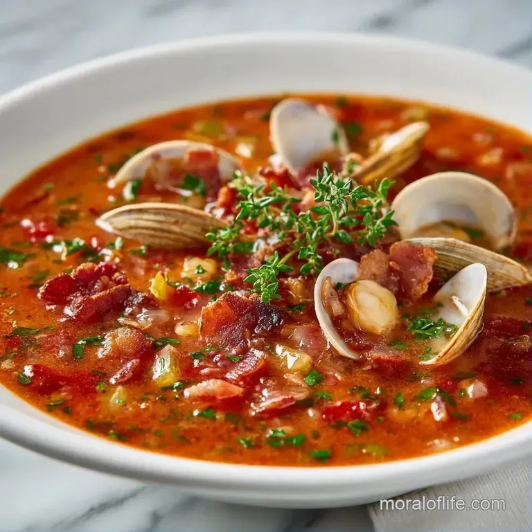 Vibrant red seafood stew in a white ceramic bowl, paired with a slice of crusty toasted sourdough on a rustic table.