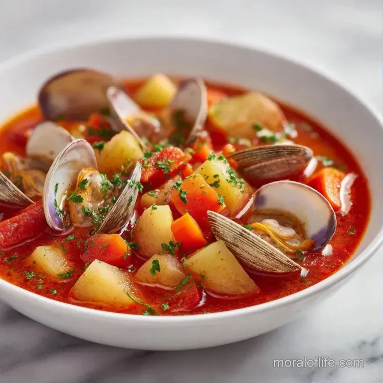 Vibrant red tomato-based soup in a white bowl garnished with fresh herbs and served on a rustic wooden tabletop.