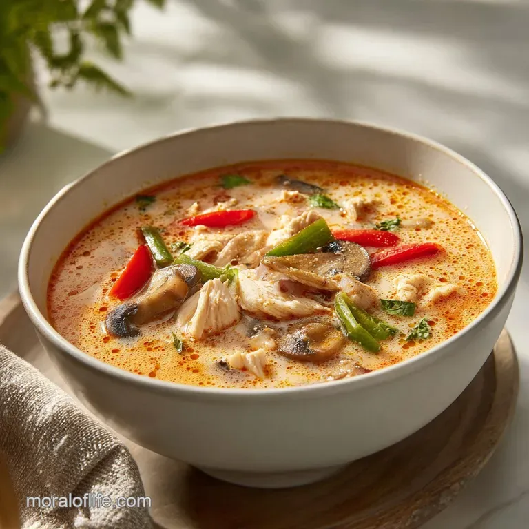A rustic bowl of creamy chicken soup, topped with vibrant green herbs and a drizzle of rich cream.