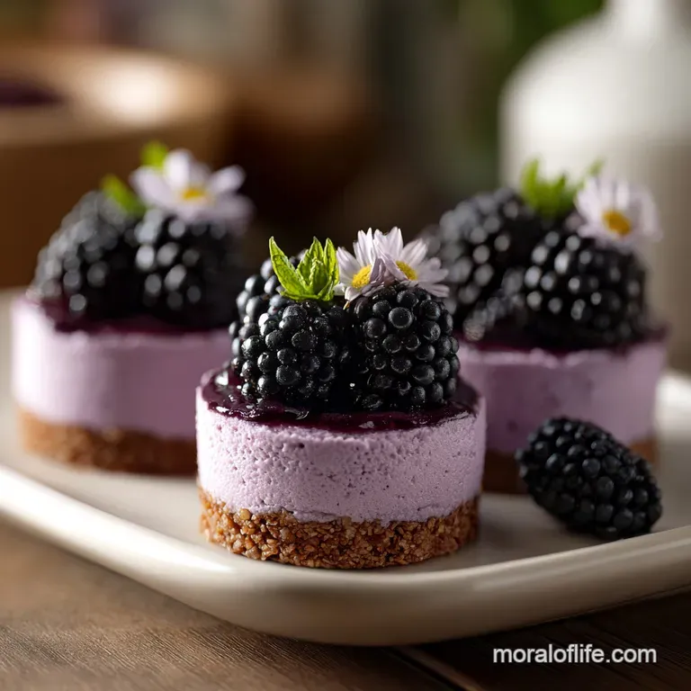 A trio of mini cheesecakes, adorned with glistening blackberries and a swirl of white cream.