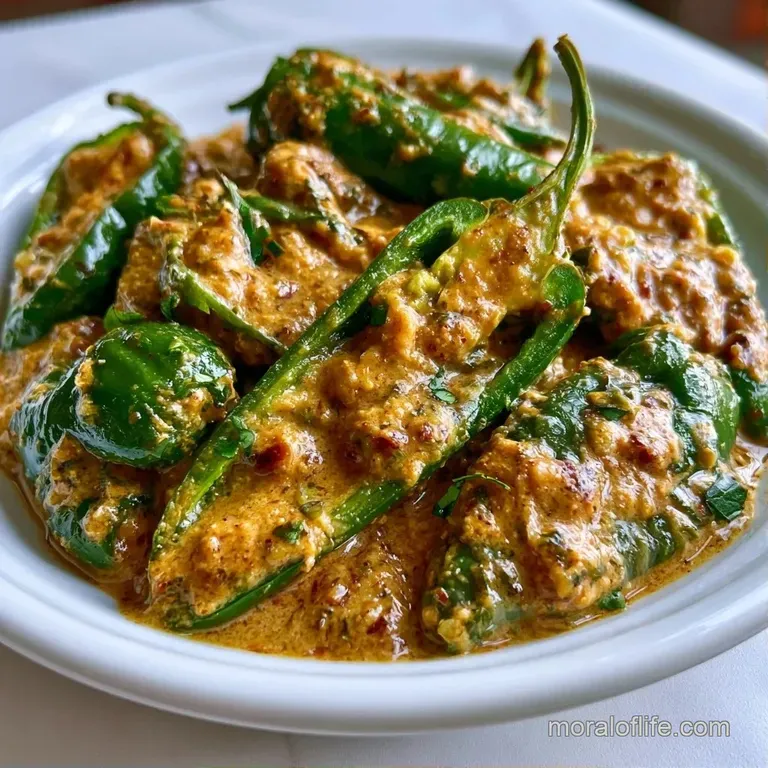 Whole green chilies in a glossy brown curry served in a white bowl with a sprig of fresh coriander on top