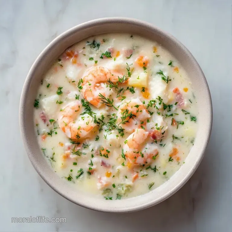 A white bowl of rich seafood stew topped with a swirl of cream and chives, served with crusty toasted bread.