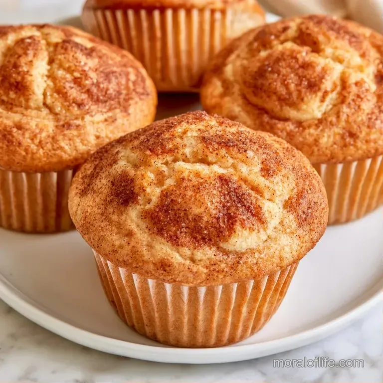 Three golden-brown muffins stacked on a white ceramic plate, paired with a fresh apple slice and a honey drizzle.