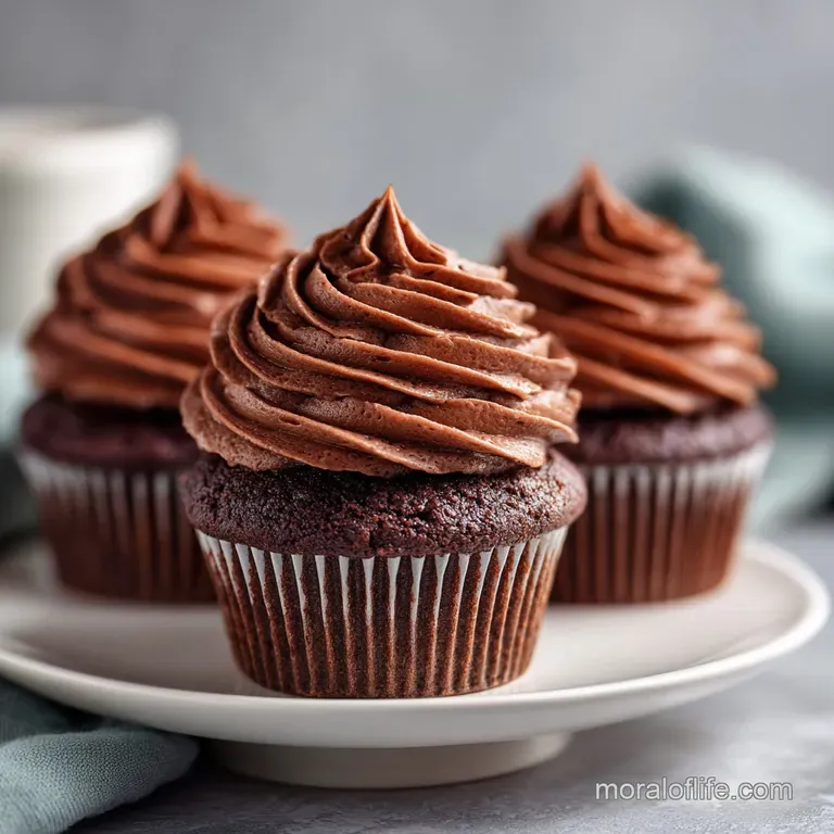A trio of dark chocolate cupcakes, each topped with creamy white frosting and a single glossy cherry, artfully placed on a...