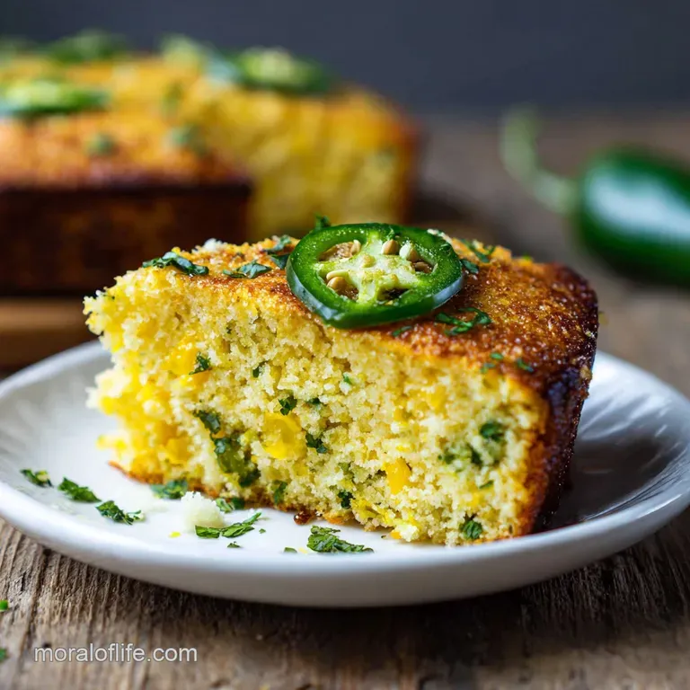Wedge of moist jalapeno cornbread with glistening creamed corn, garnished with cilantro, on a white plate with subtle back...