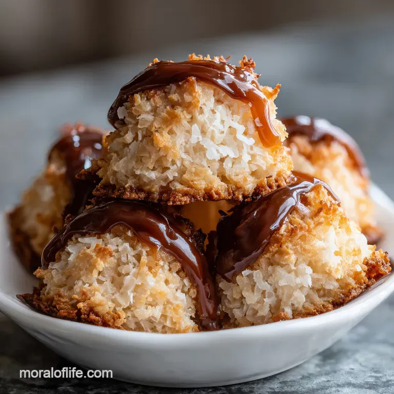 Elegant stack of chewy coconut macaroons adorned with salted caramel sauce.