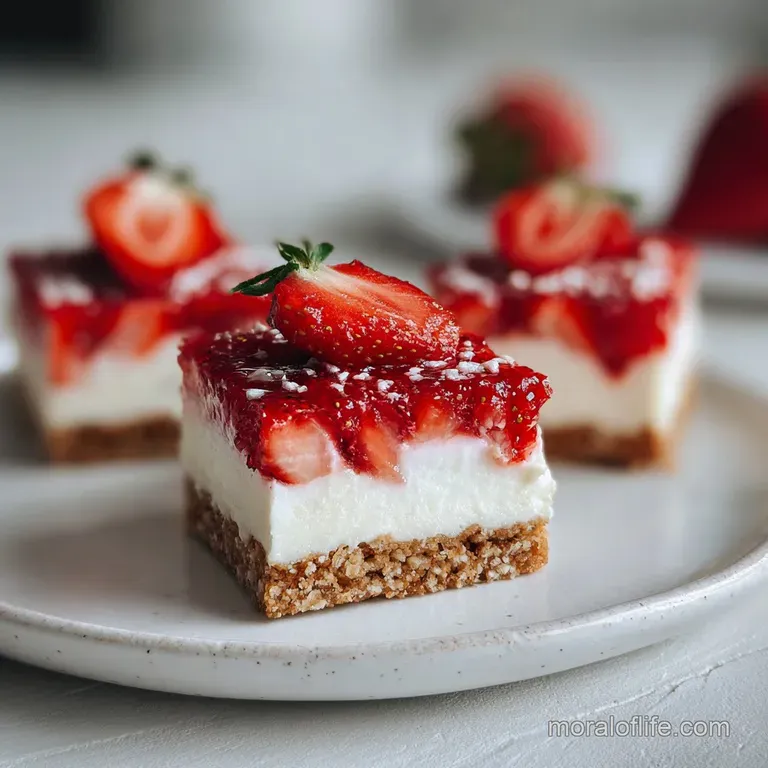 Slice of no-bake cheesecake bar with bright strawberry topping, resting on a white plate, ready to eat.