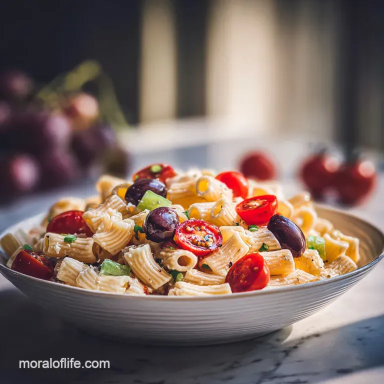 Bright pasta salad artfully arranged in a white bowl, vibrant greens & reds pop. A refreshing and healthy meal, ready to e...