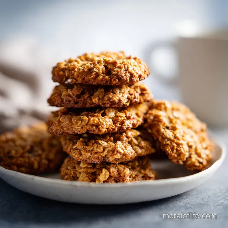 Stack of soft, chewy oatmeal cookies with melted chocolate chunks, arranged artfully on a white plate with a glass of milk...