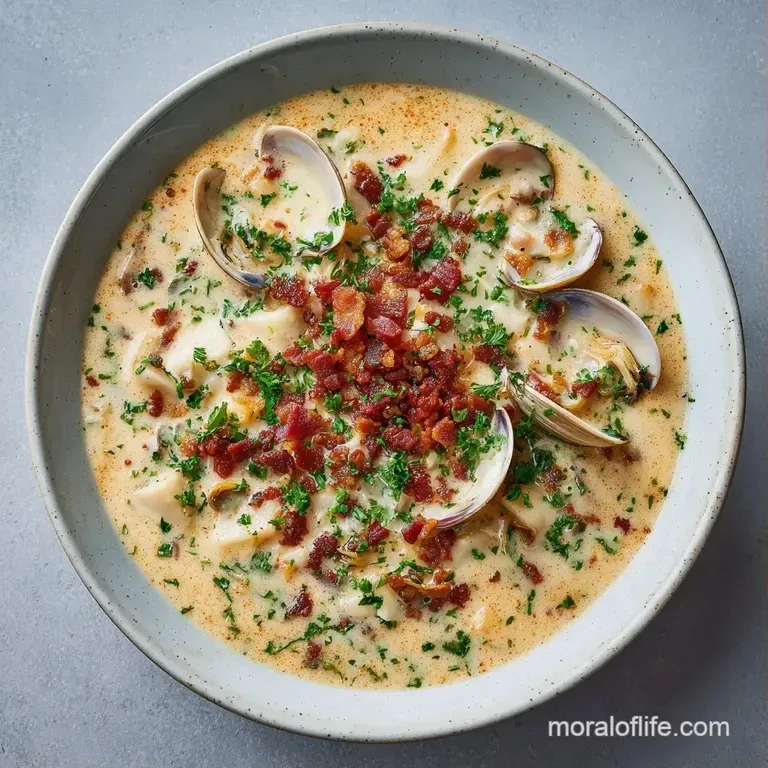 A white ceramic bowl of thick, creamy seafood soup garnished with a sprig of parsley and a side of toasted sourdough.