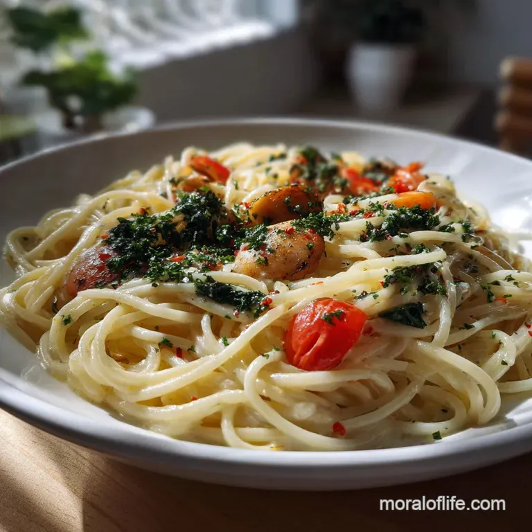 Elegant white plate showcasing a portion of creamy pasta, garnished with fresh basil, sausage, and a drizzle of olive oil.