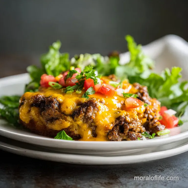 Slice of cheeseburger pie on a white plate. Flaky crust, melted cheese, and savory ground beef are visible.