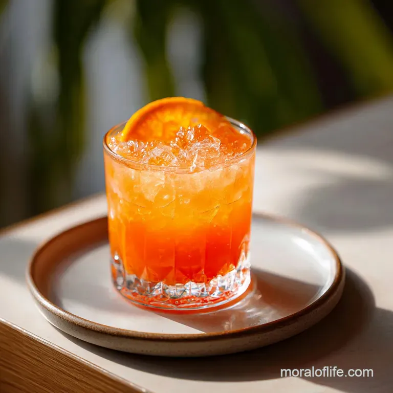 Tall glass of vibrant orange cocktail with a sugar-rimmed edge and a bright orange wedge; inviting and refreshing.