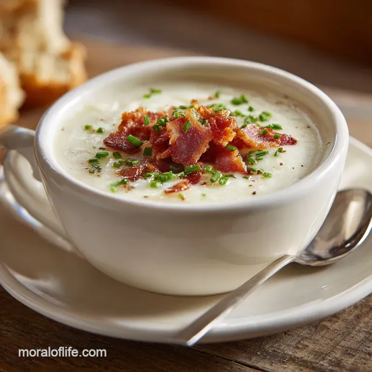 Elegant bowl of steaming potato soup garnished with crispy bacon, fresh chives and a drizzle of cream. Comforting and rich.